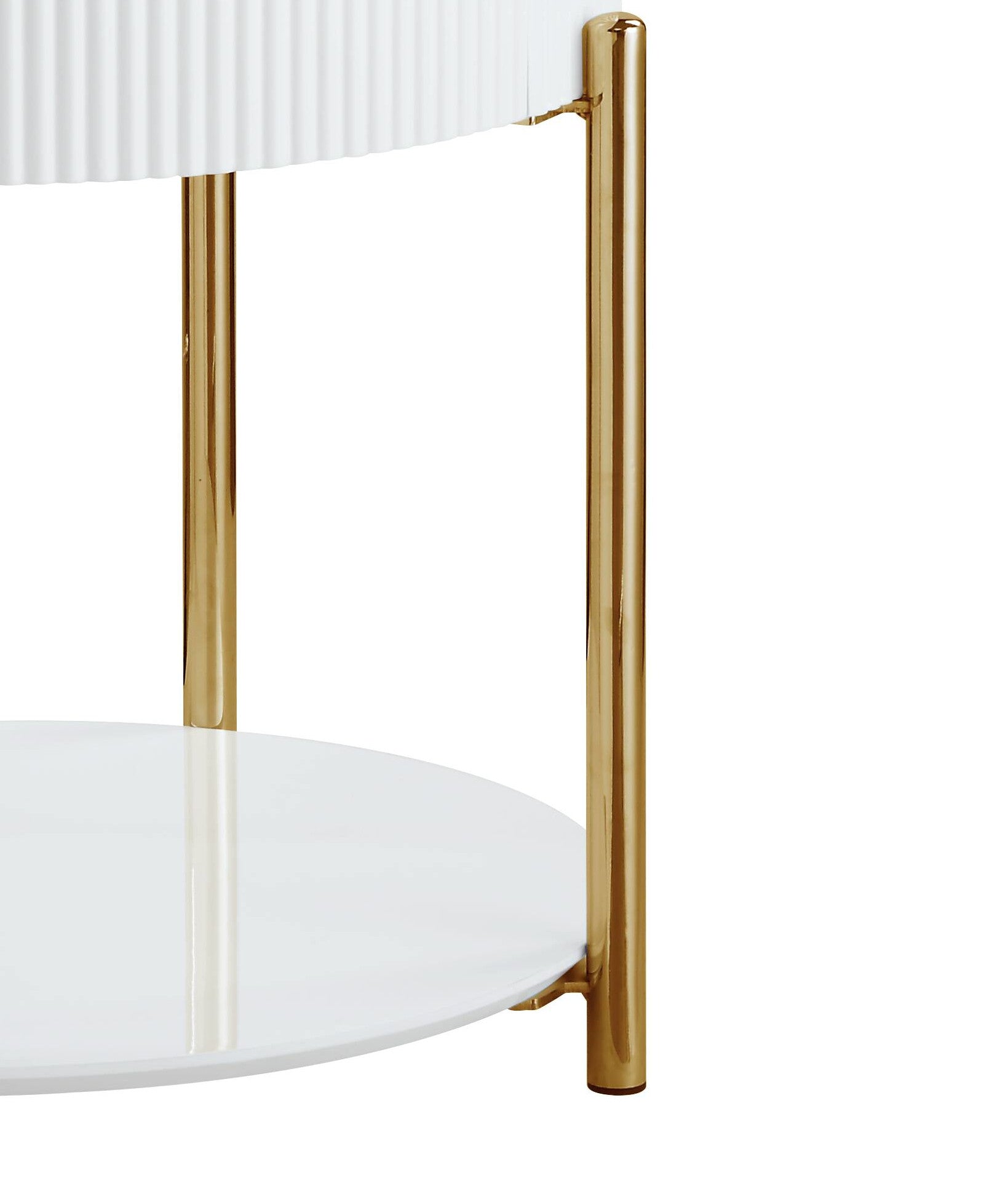 White fluted top accent table with polished gold legs and a white base