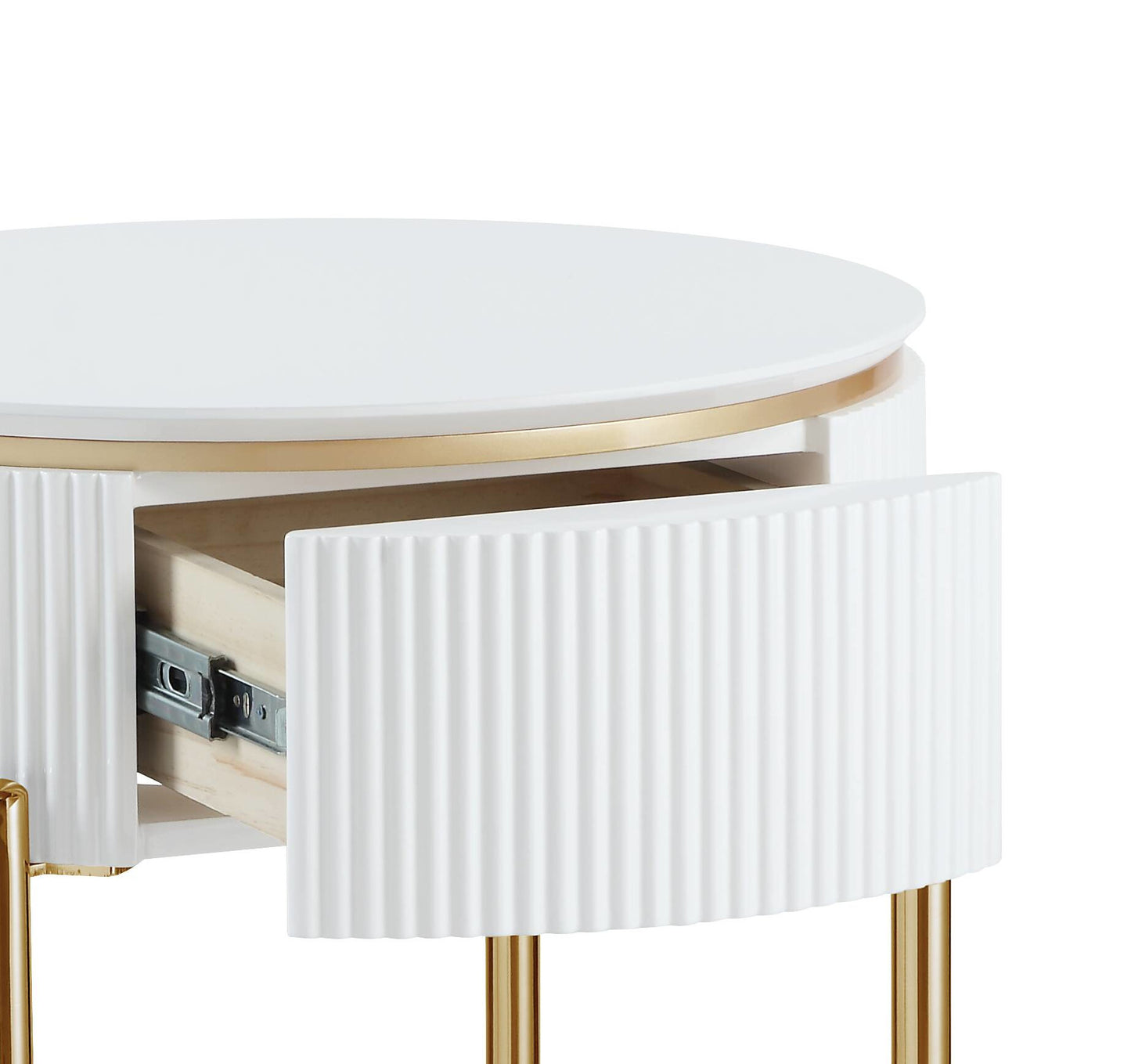 White fluted bedside table with a gold accent band and open drawer featuring smooth metal drawer slides