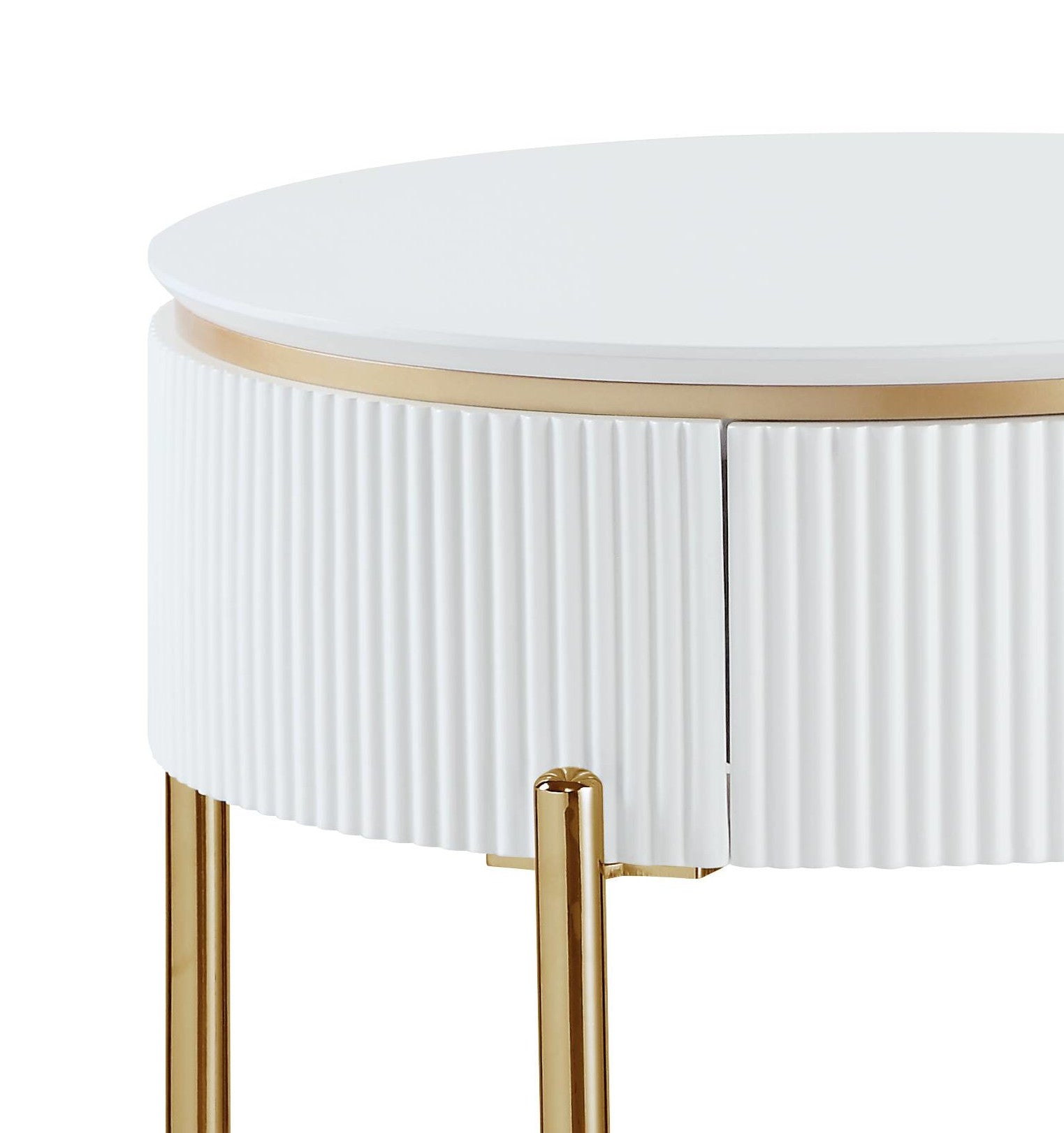 White fluted side table with gold trim and legs modern accent furniture