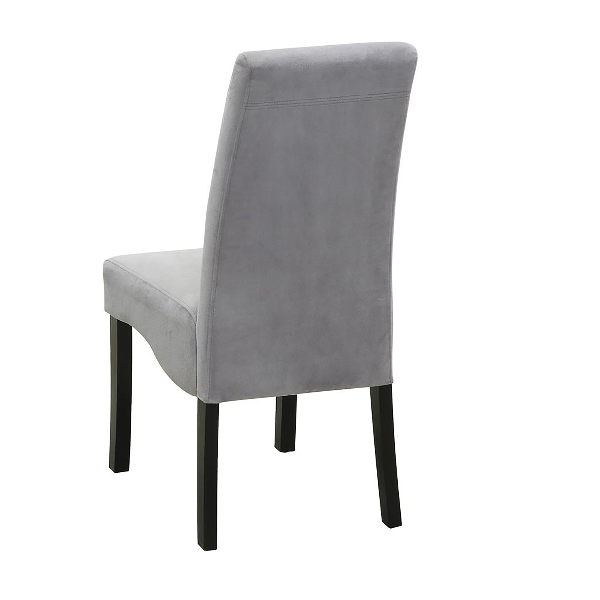 Grey velvet dining chair with tufted back and dark wood legs