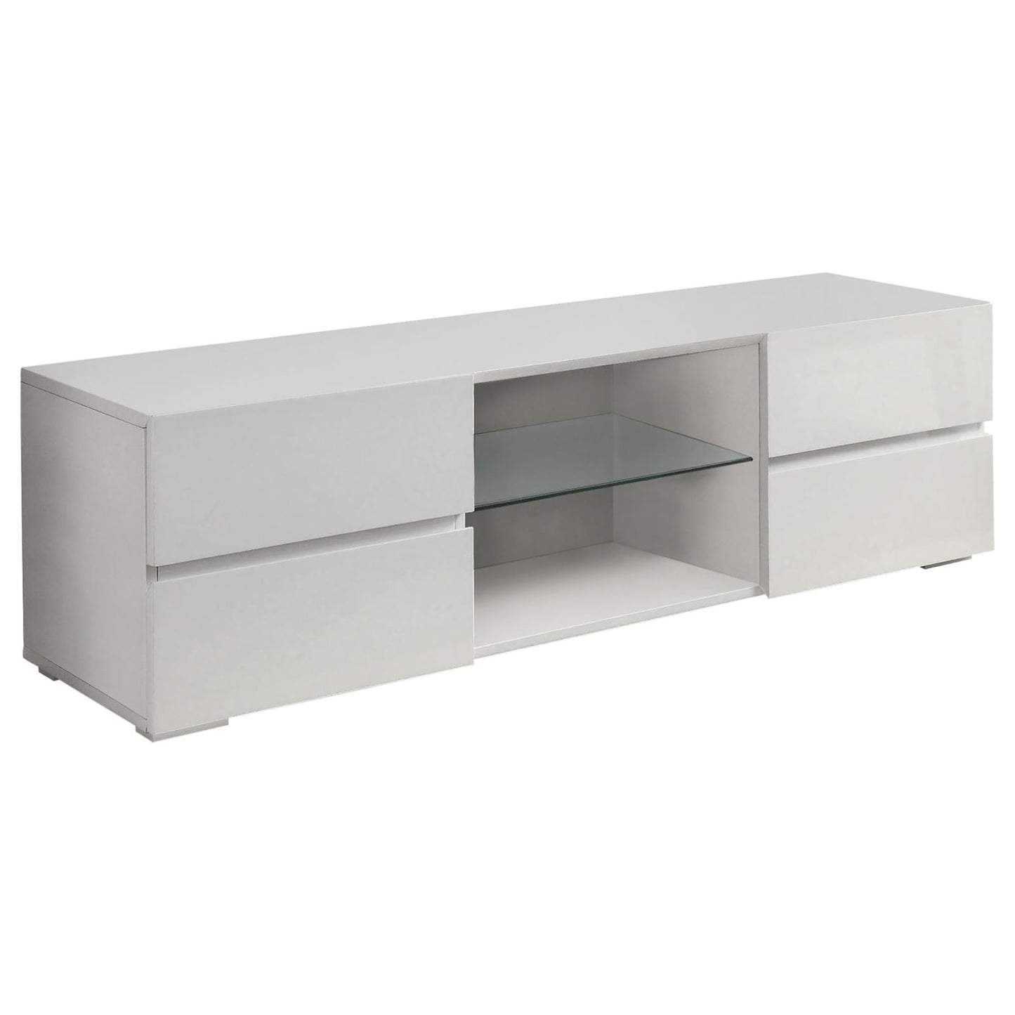 Modern white media console with glass shelf and two drawers
