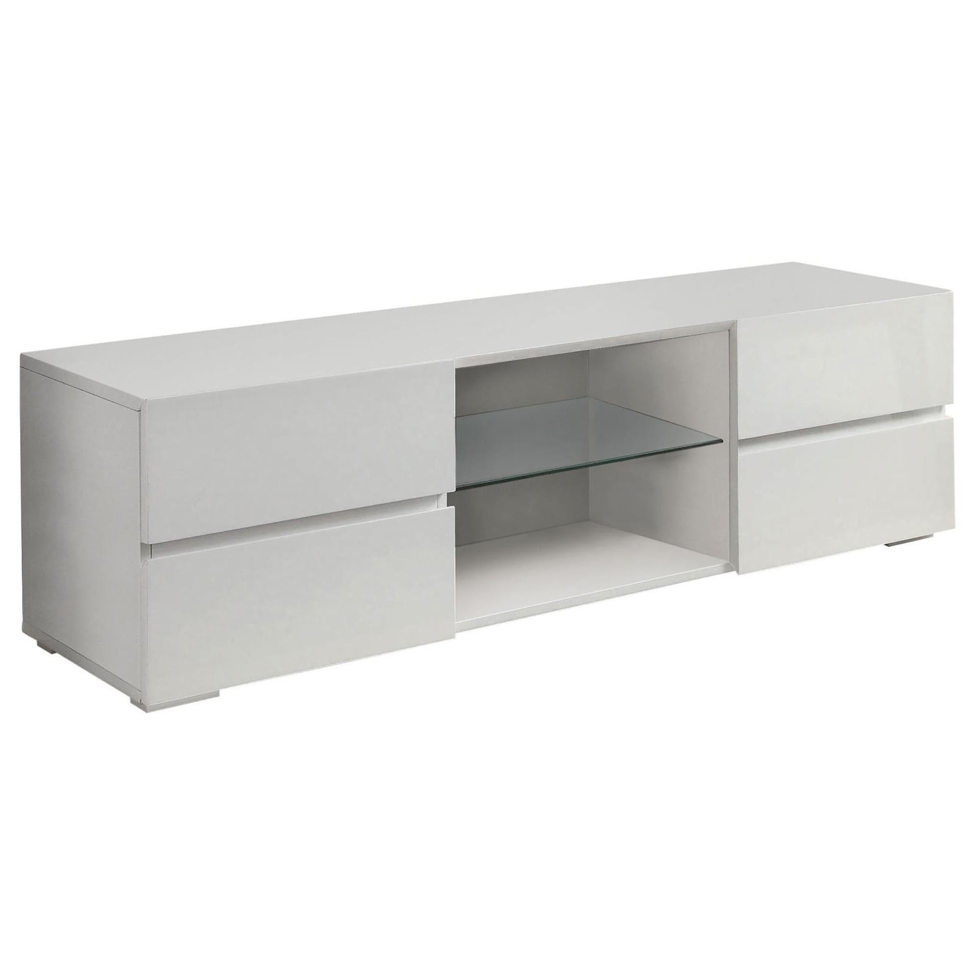 Modern white media console with glass shelf and two drawers
