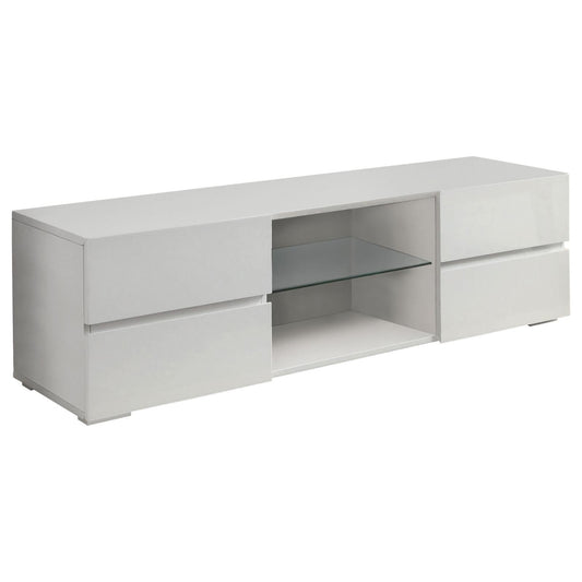 Modern white media console with glass shelf and two drawers