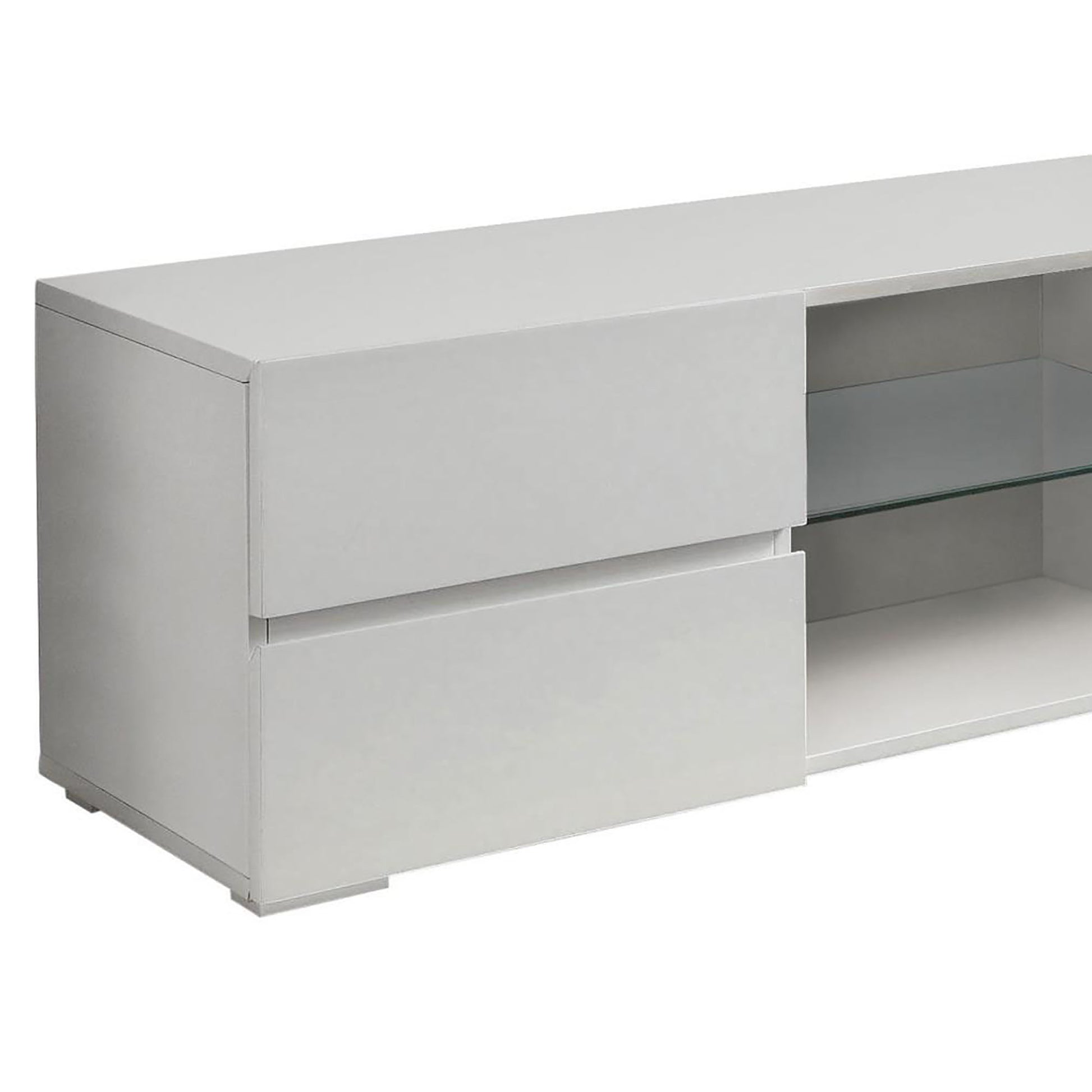 Sleek white media console with two drawers and open shelves perfect for modern living rooms