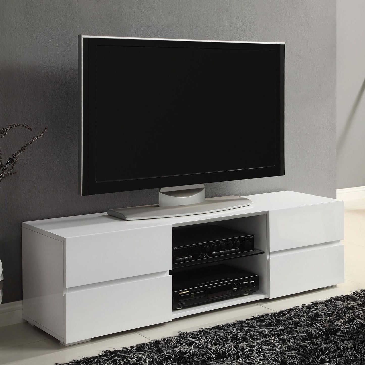 Sleek white modern tv stand with open shelving for media consoles