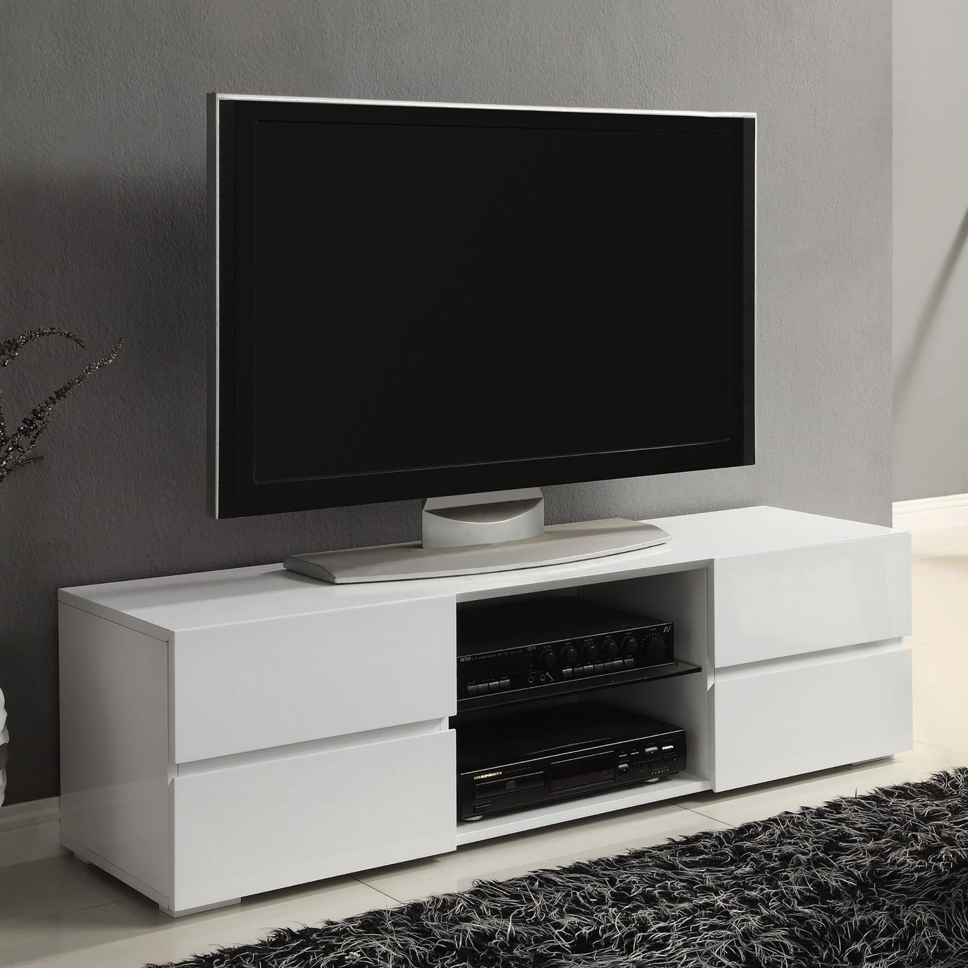 Sleek white modern tv stand with open shelving for media consoles