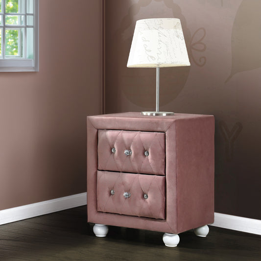 Rose velvet nightstand with two crystaltufted drawers and white ball feet