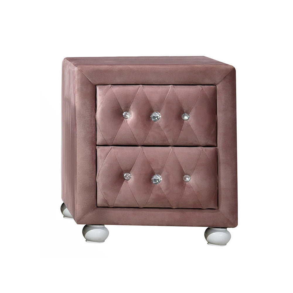 Mauve velvet nightstand with diamond tufting and crystal knobs