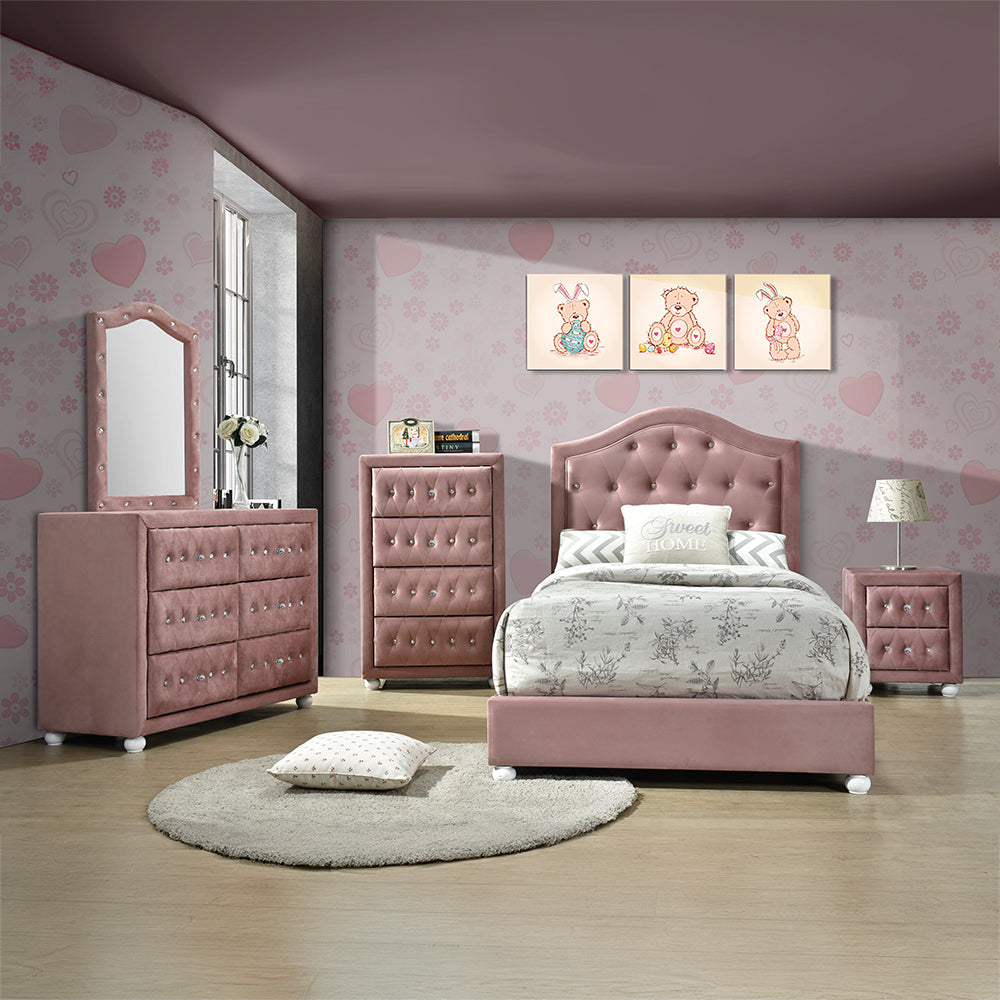Pink velvet tufted queen bed with crystal accents perfect for a bedroom set