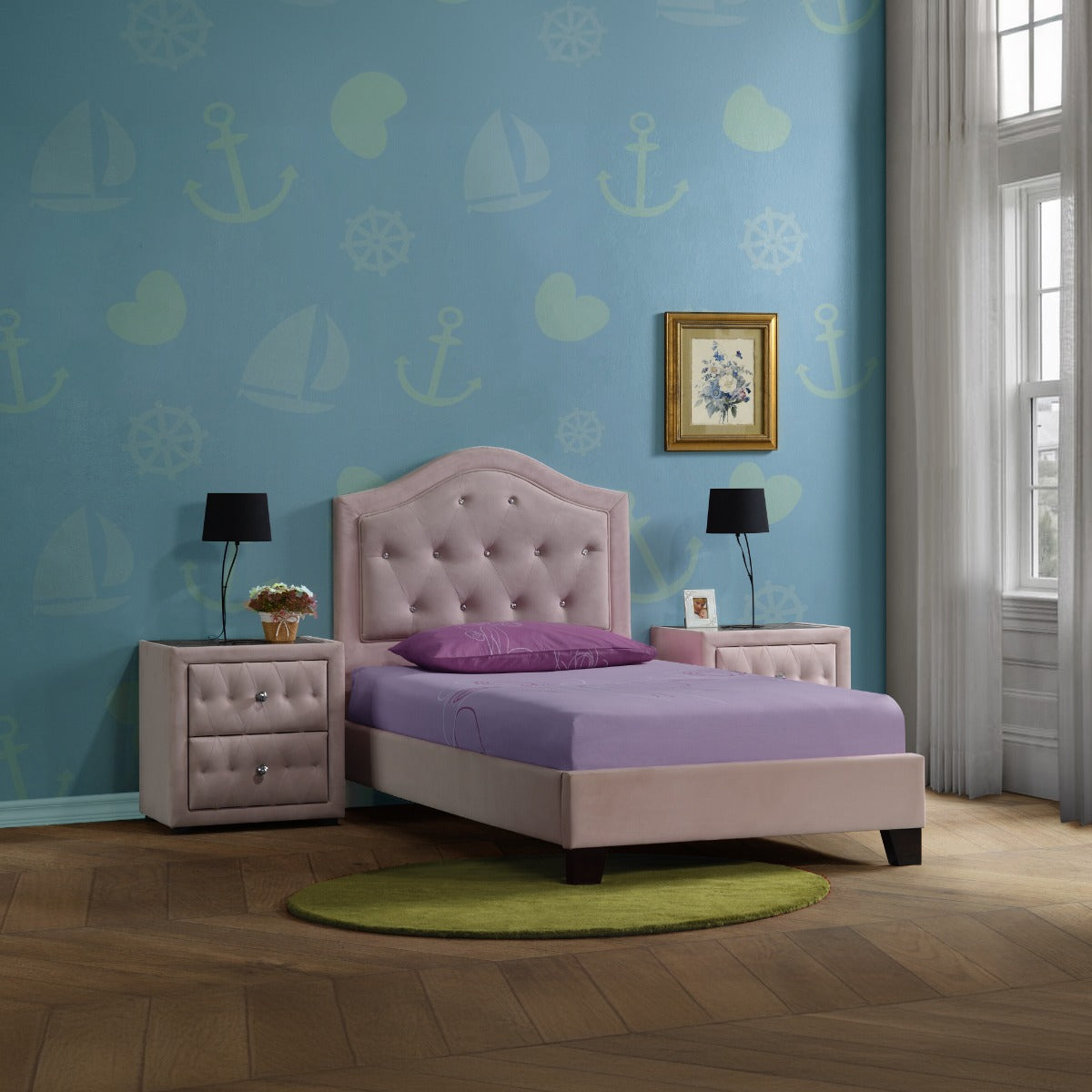 Pink velvet tufted headboard queen bed with purple sheets and pillow