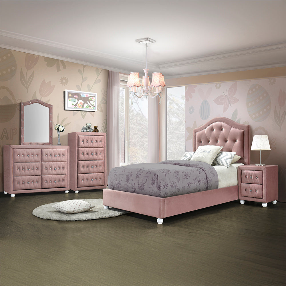 Pink velvet twin bed with tufted headboard and crystal accents