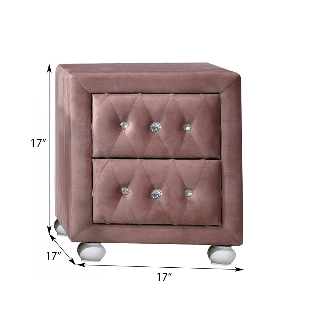 Dusty rose velvet nightstand with tufted drawers and crystal knobs measuring xx inches