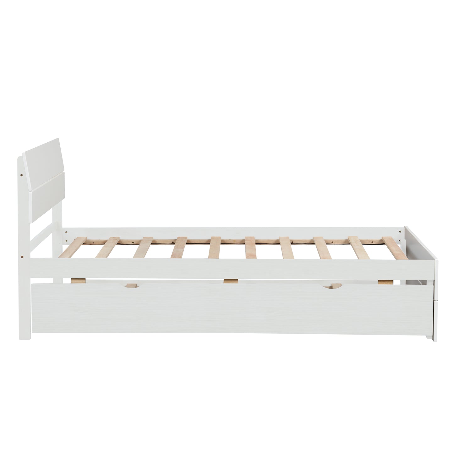 White twin bed frame with integrated storage drawers and wooden slats