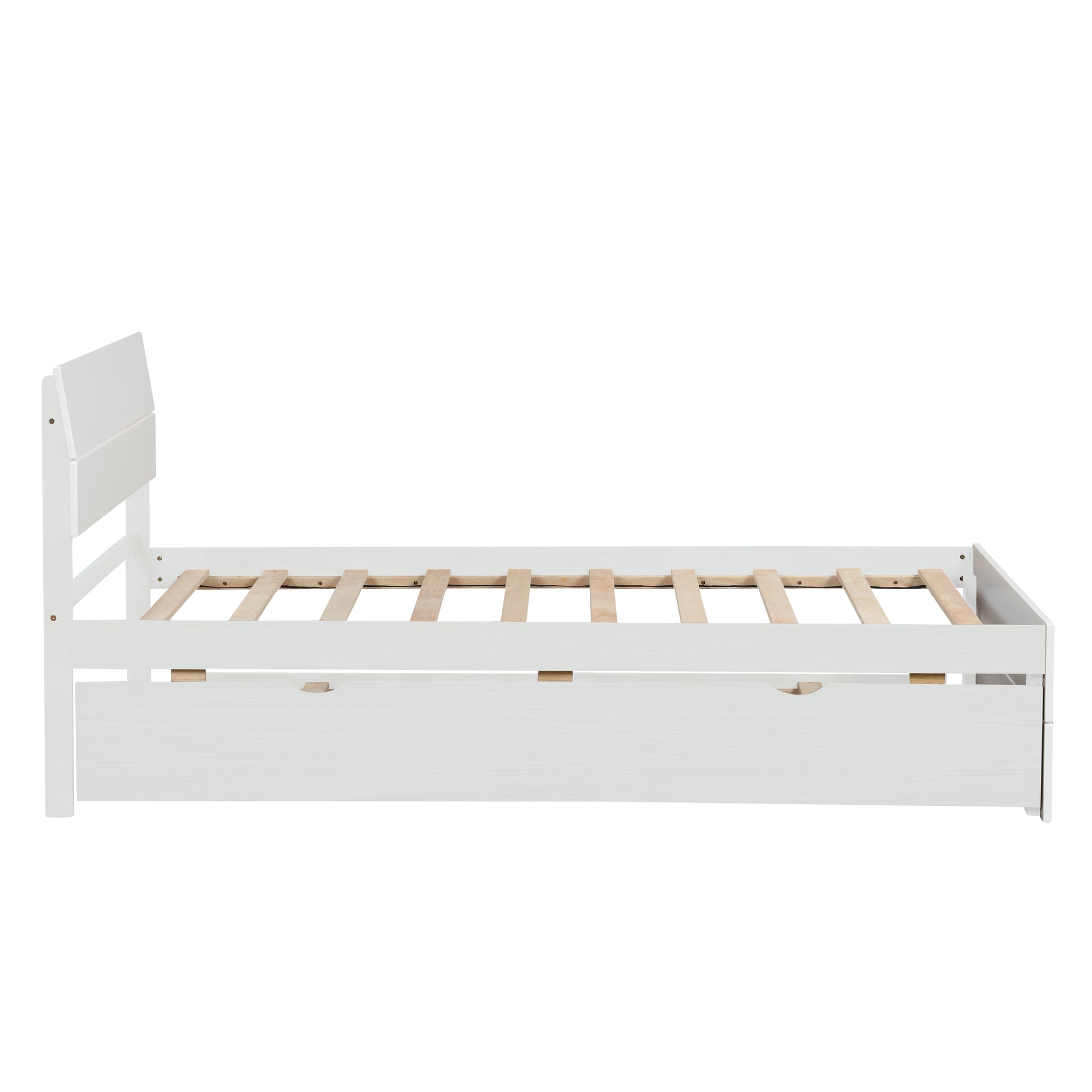 White twin bed frame with integrated storage drawers and wooden slats