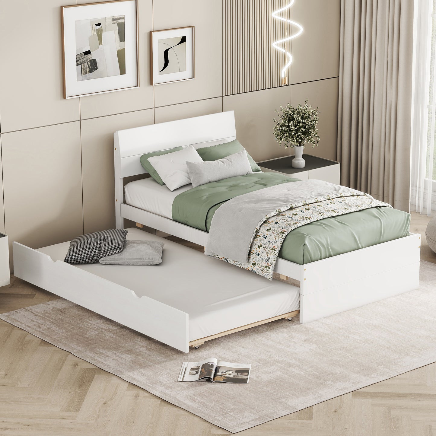 White wooden daybed with trundle perfect for guest rooms or childrens spaces