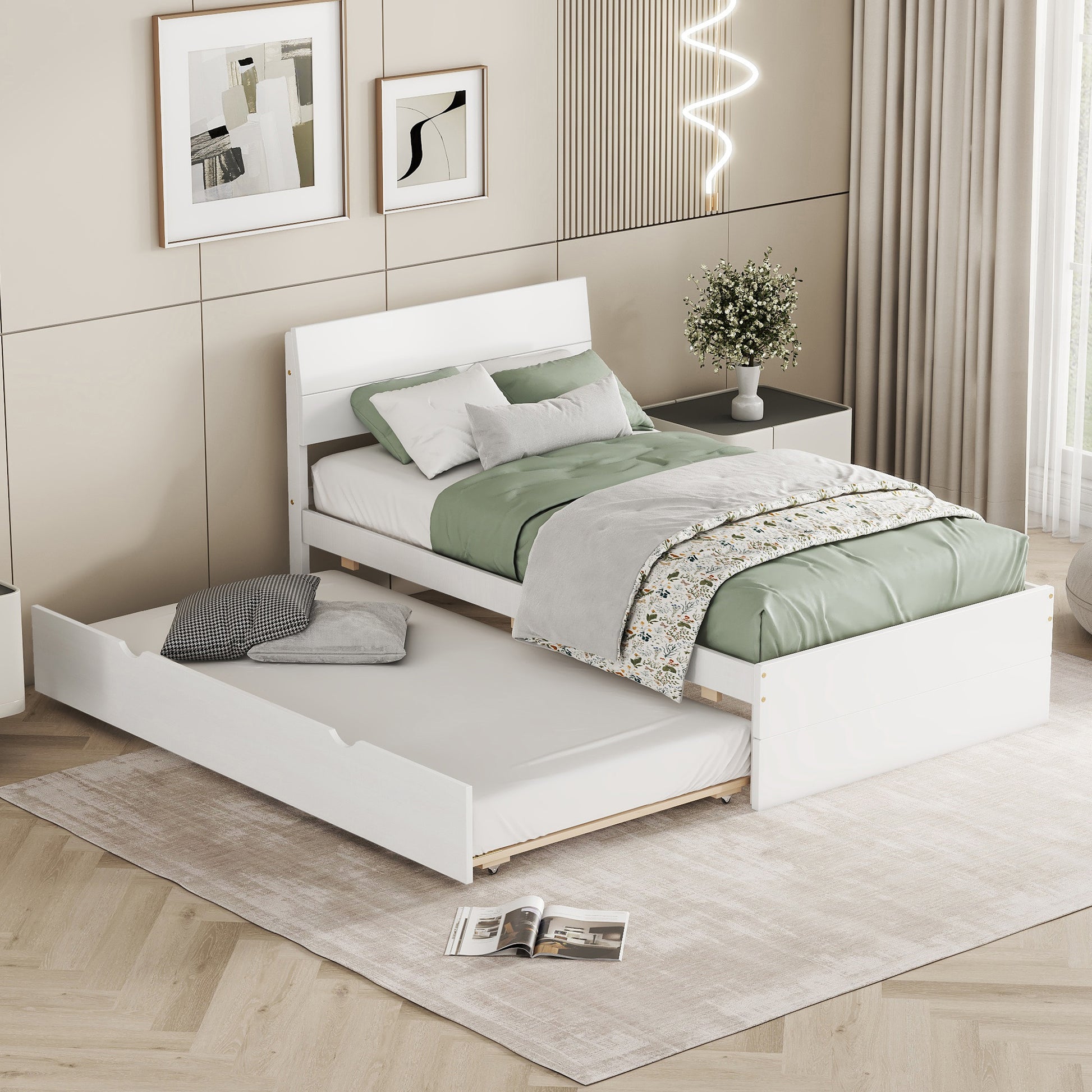 White wooden daybed with trundle perfect for guest rooms or childrens spaces