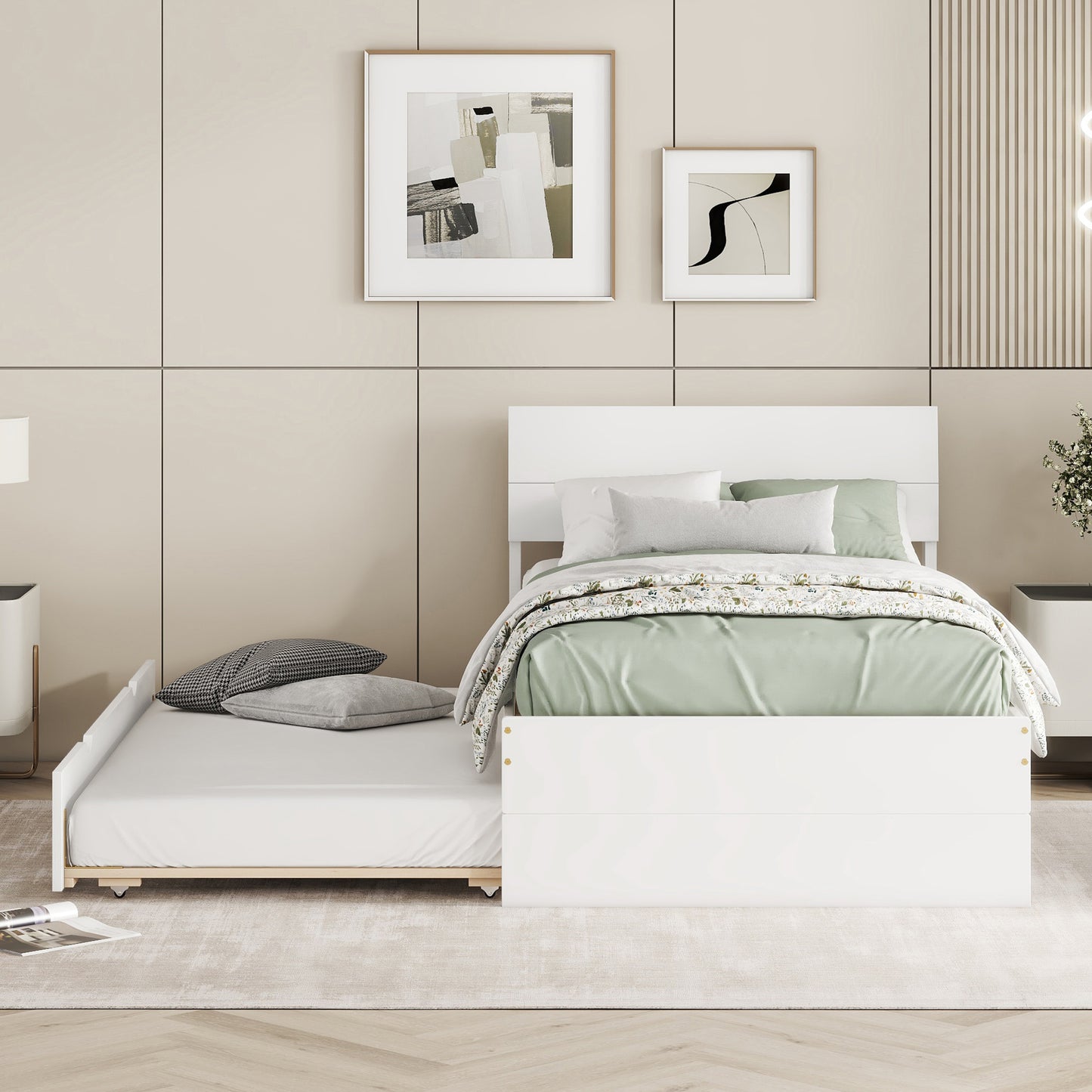 Modern white twin bed with pullout trundle for guest room