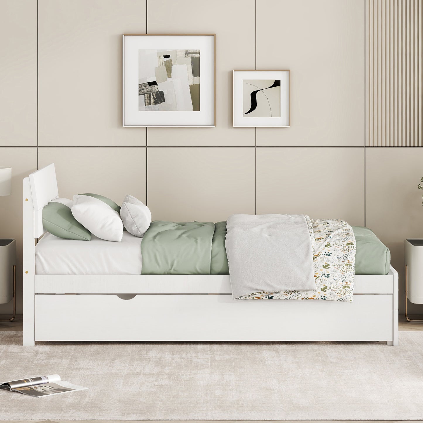 White wood twin bed with trundle and green bedding