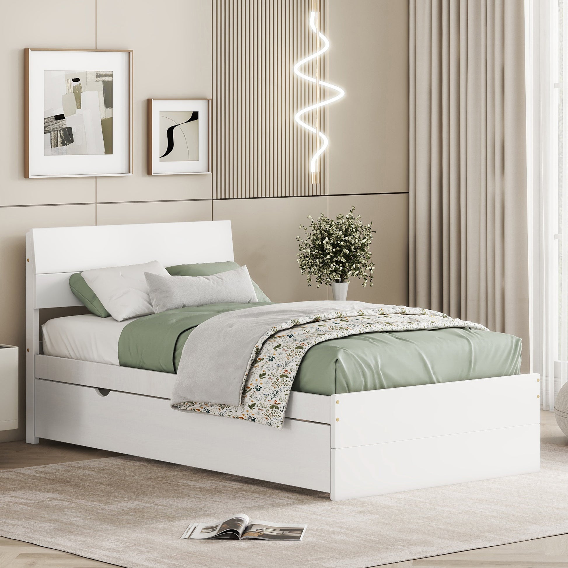Modern white twin bed frame with storage drawers