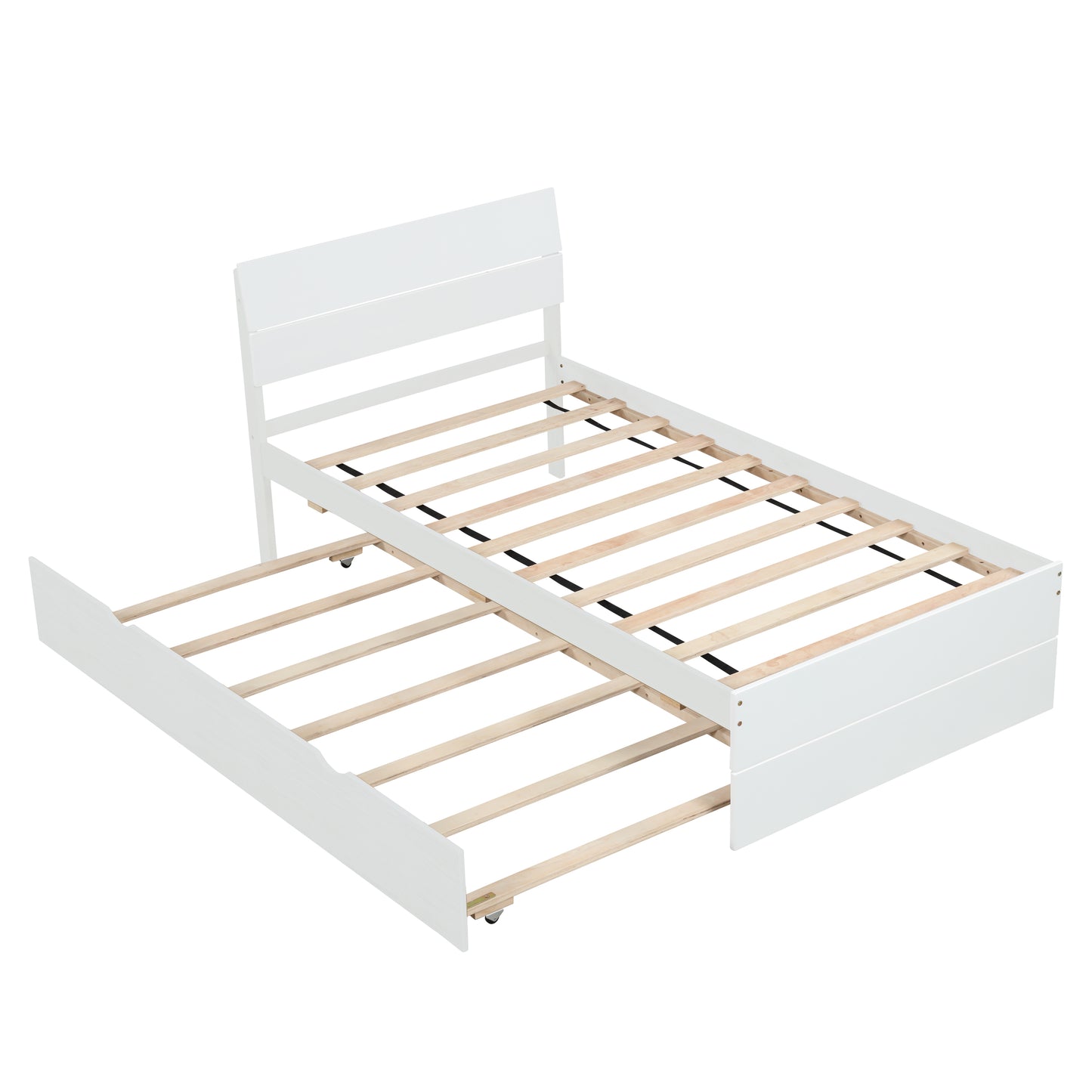 White twin size bed frame with pullout trundle showcasing slatted support