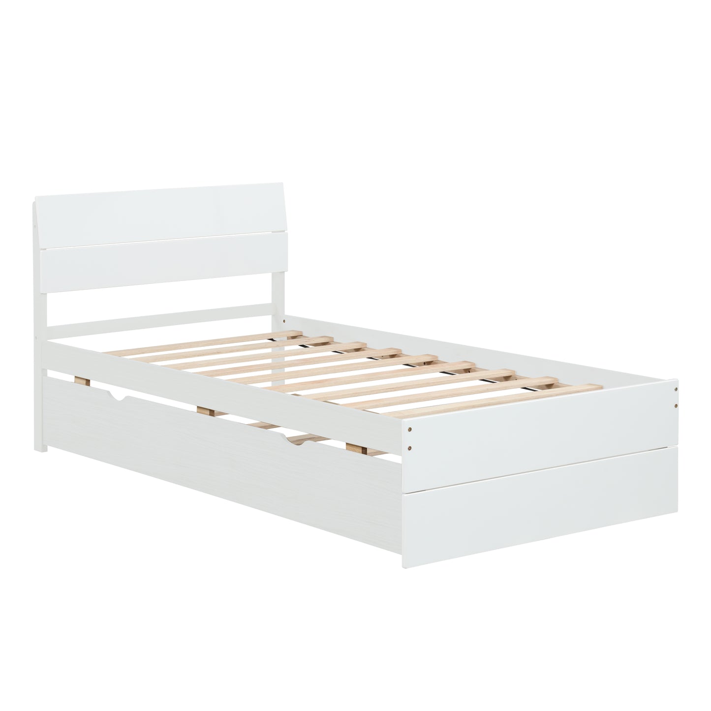 White twin bed frame with modern slatted headboard and integrated drawers for storage