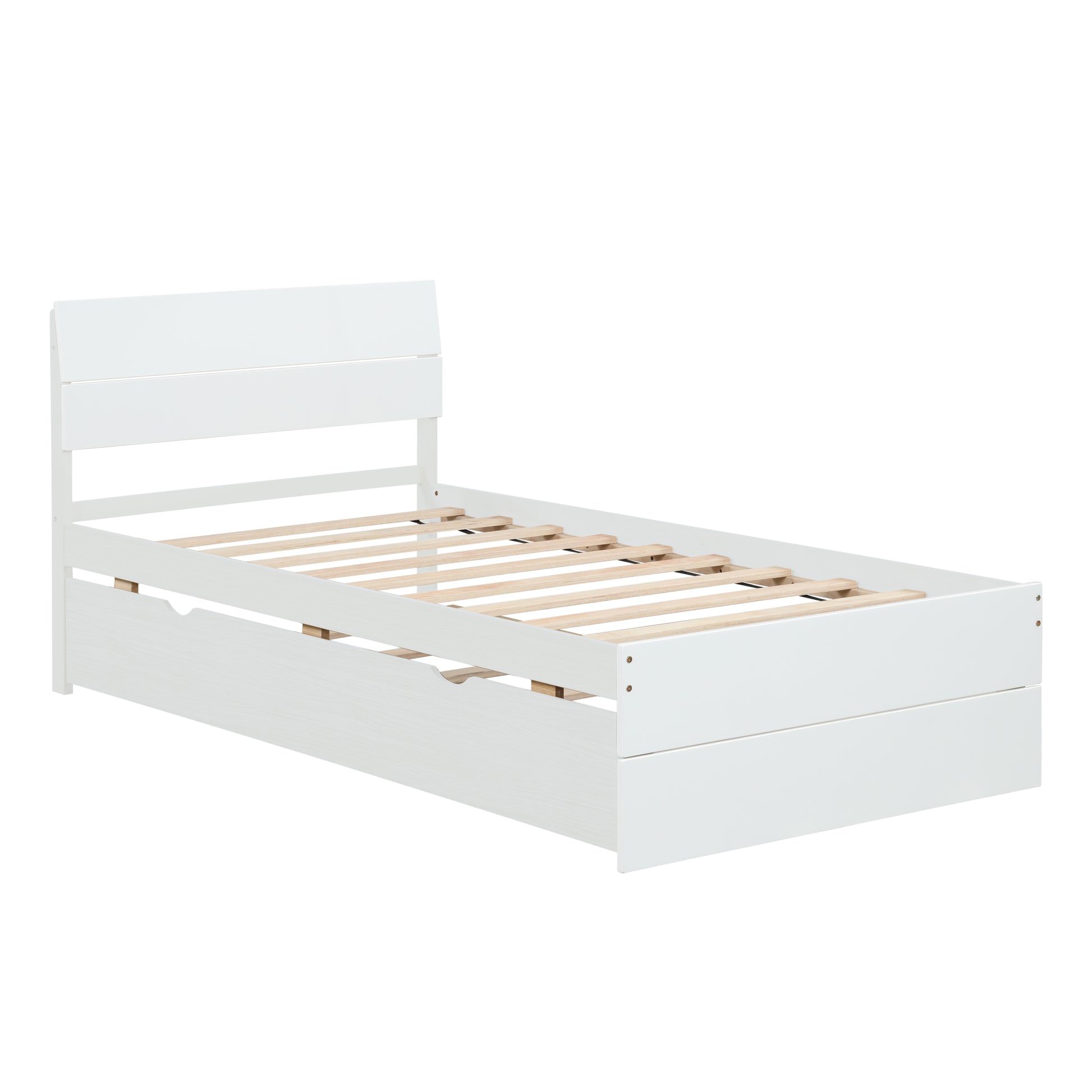 White twin bed frame with modern slatted headboard and integrated drawers for storage