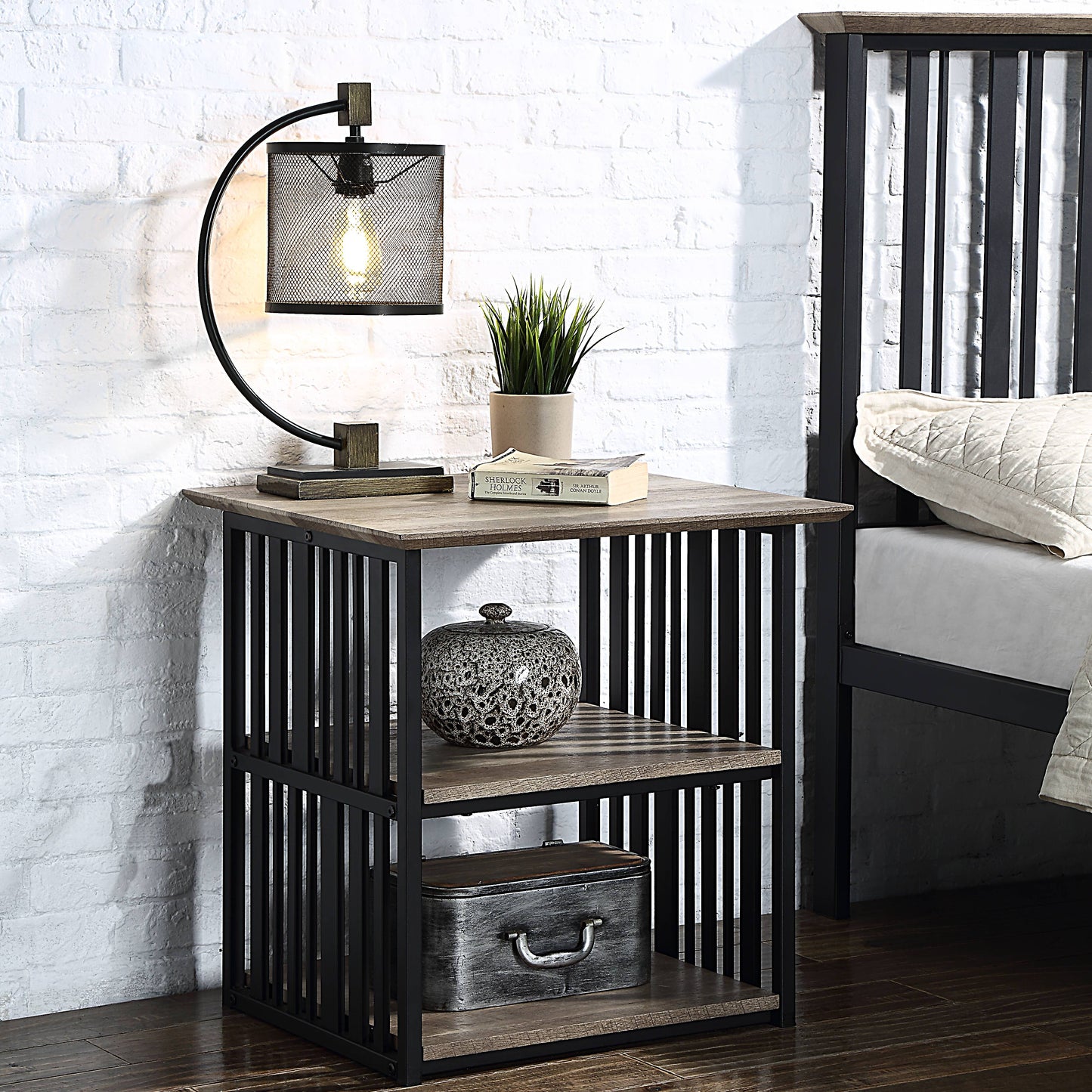 Industrial style side table with rustic wood top and black metal frame featuring two shelves for storage