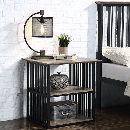 Industrial style side table with rustic wood top and black metal frame featuring two shelves for storage