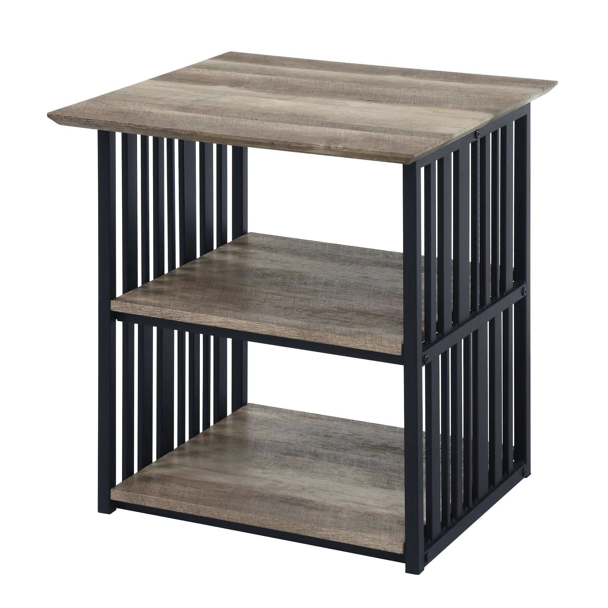 Rustic oak effect end table with black metal frame and two shelves