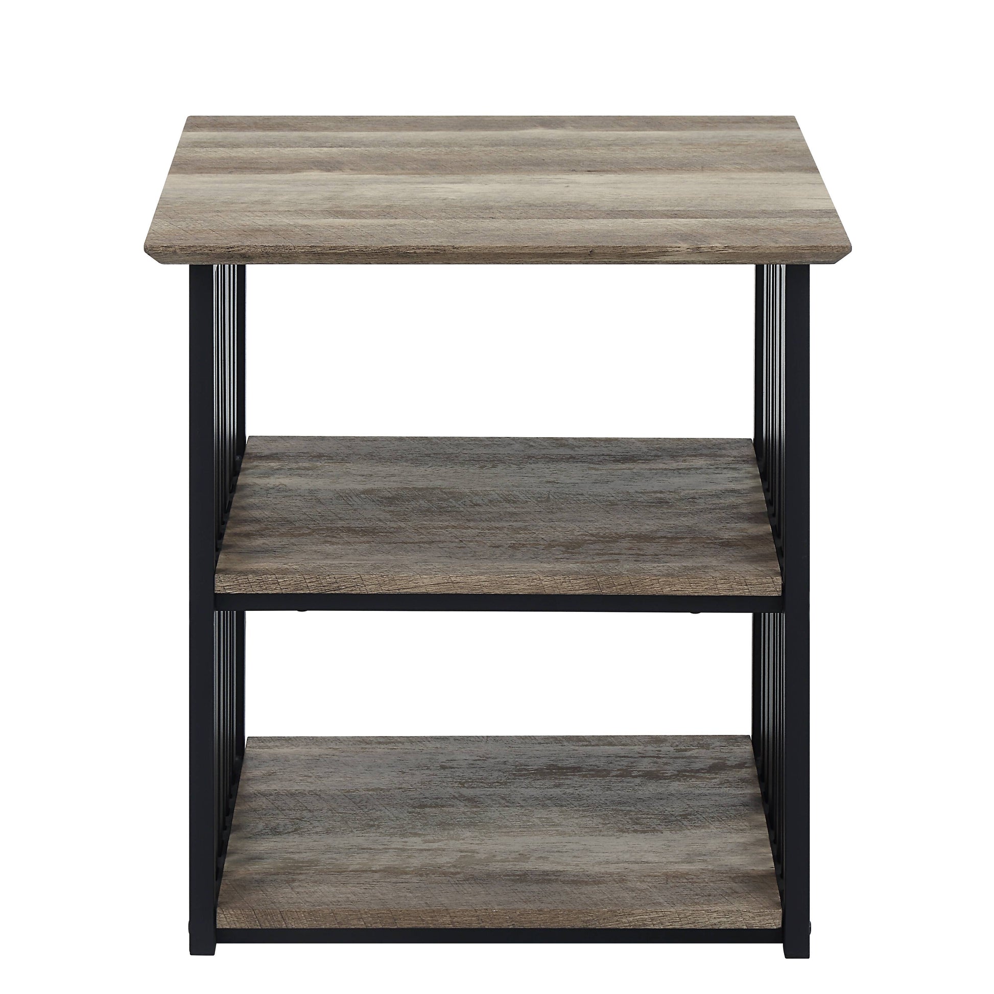 Threetier industrial side table with weathered oak finish and black metal frame