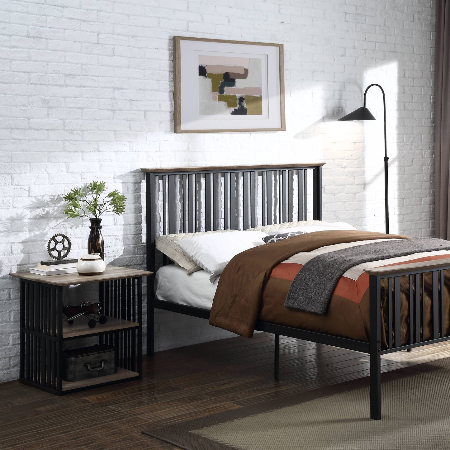 Black metal bed frame with vertical slats and wood accents featuring bedding in earthy tones