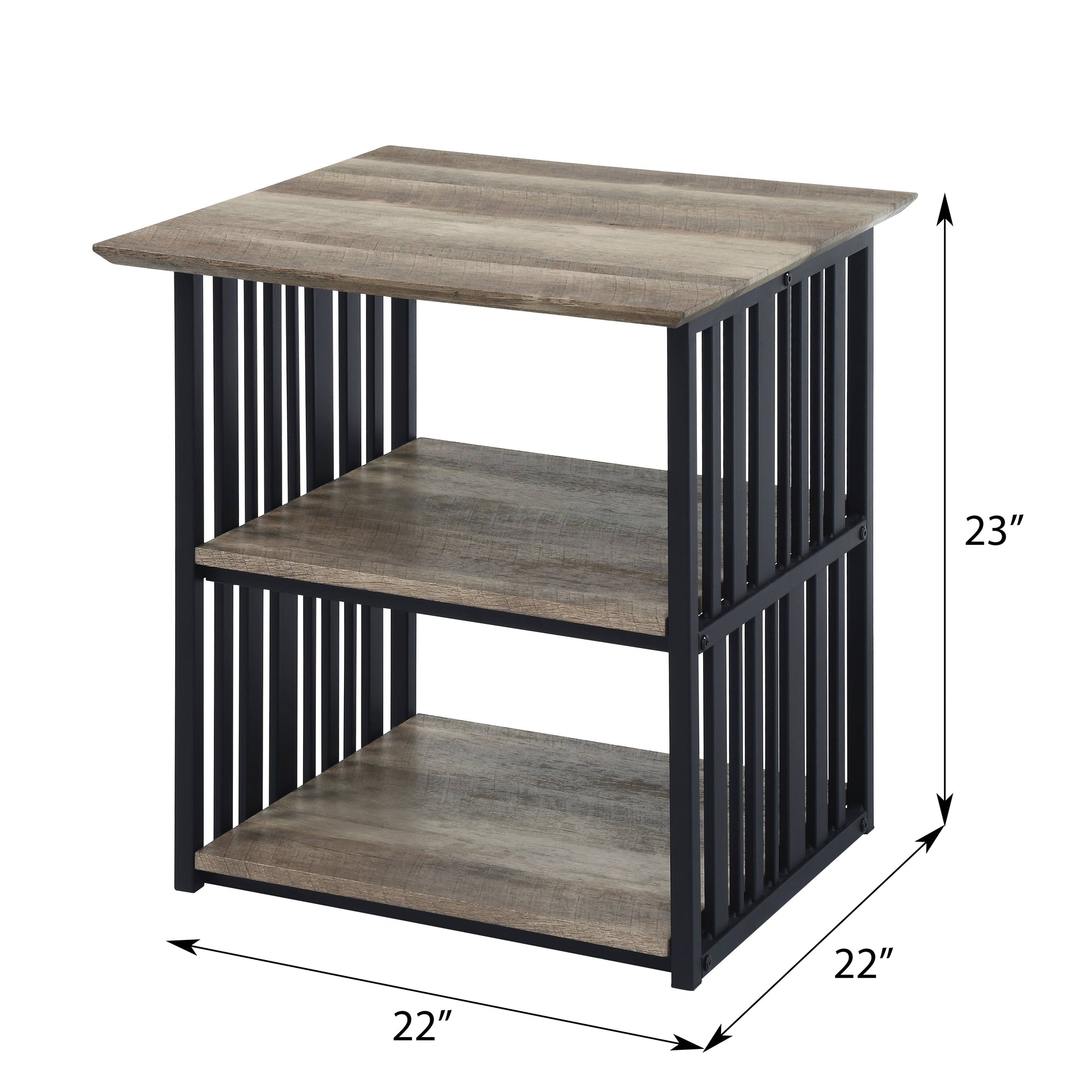 Rustic brown wood and black metal shelf end table with slatted sides