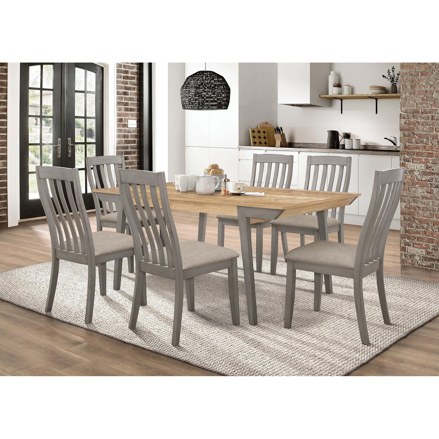 Gray wooden dining set with upholstered chairs and a natural wood tabletop