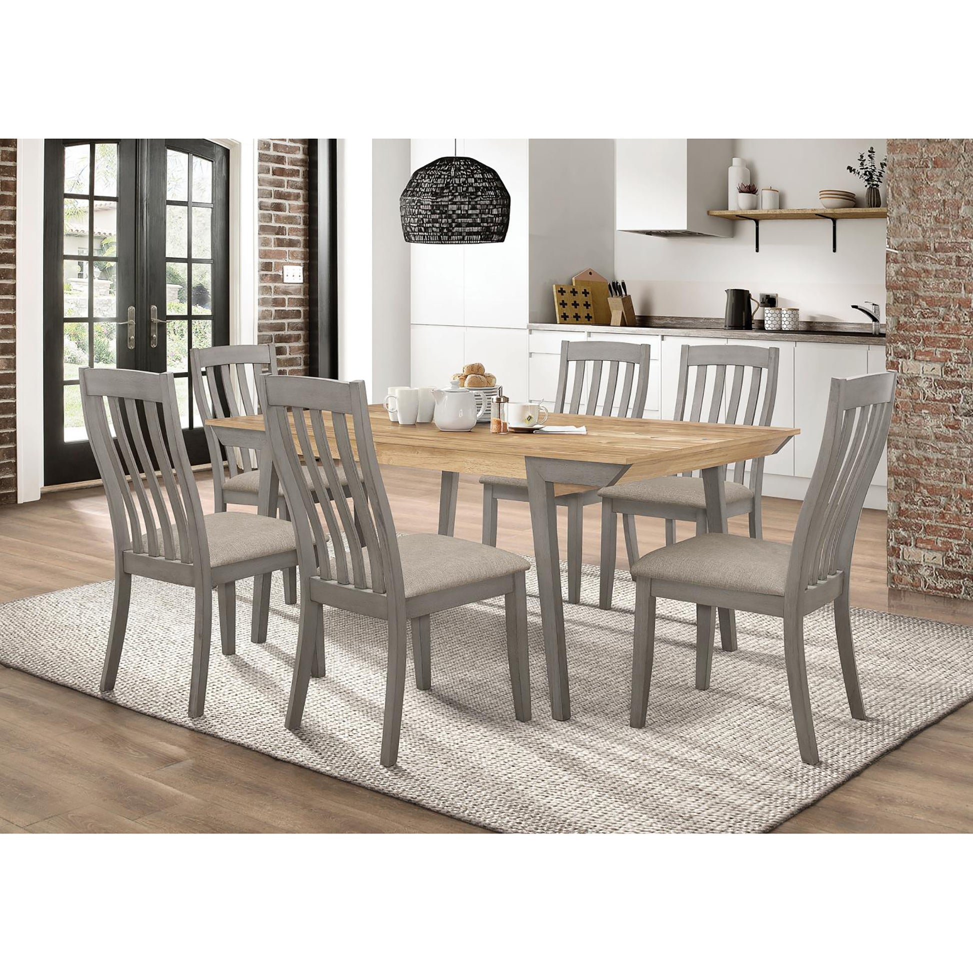Gray wooden dining set with upholstered chairs and a natural wood tabletop