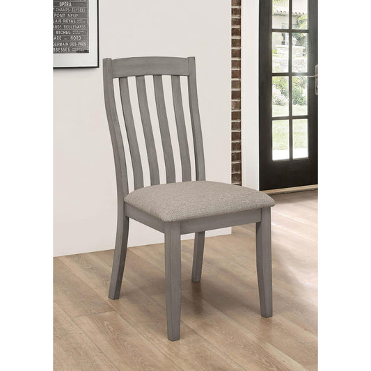 Gray wooden dining chair with a woven upholstered seat and slatted back