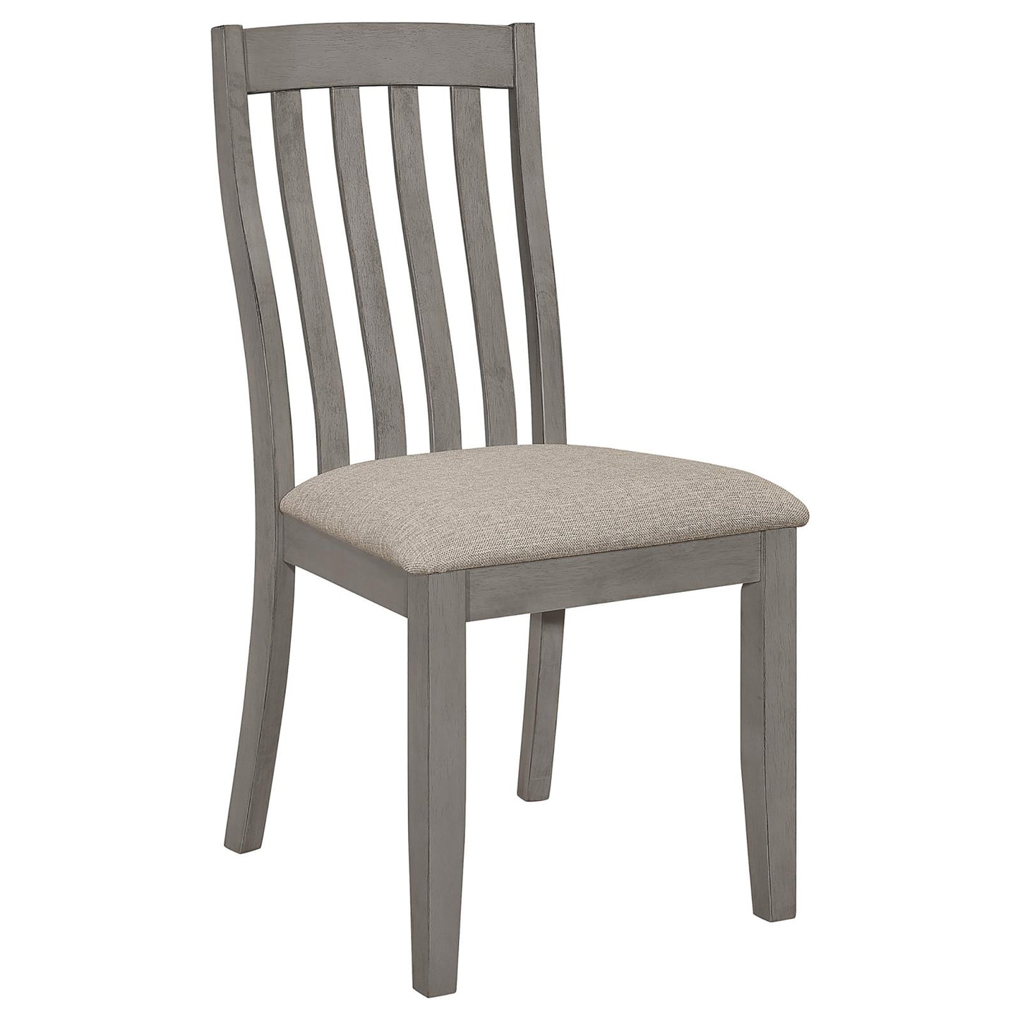 Gray wooden dining chair with a slatted back and upholstered seat