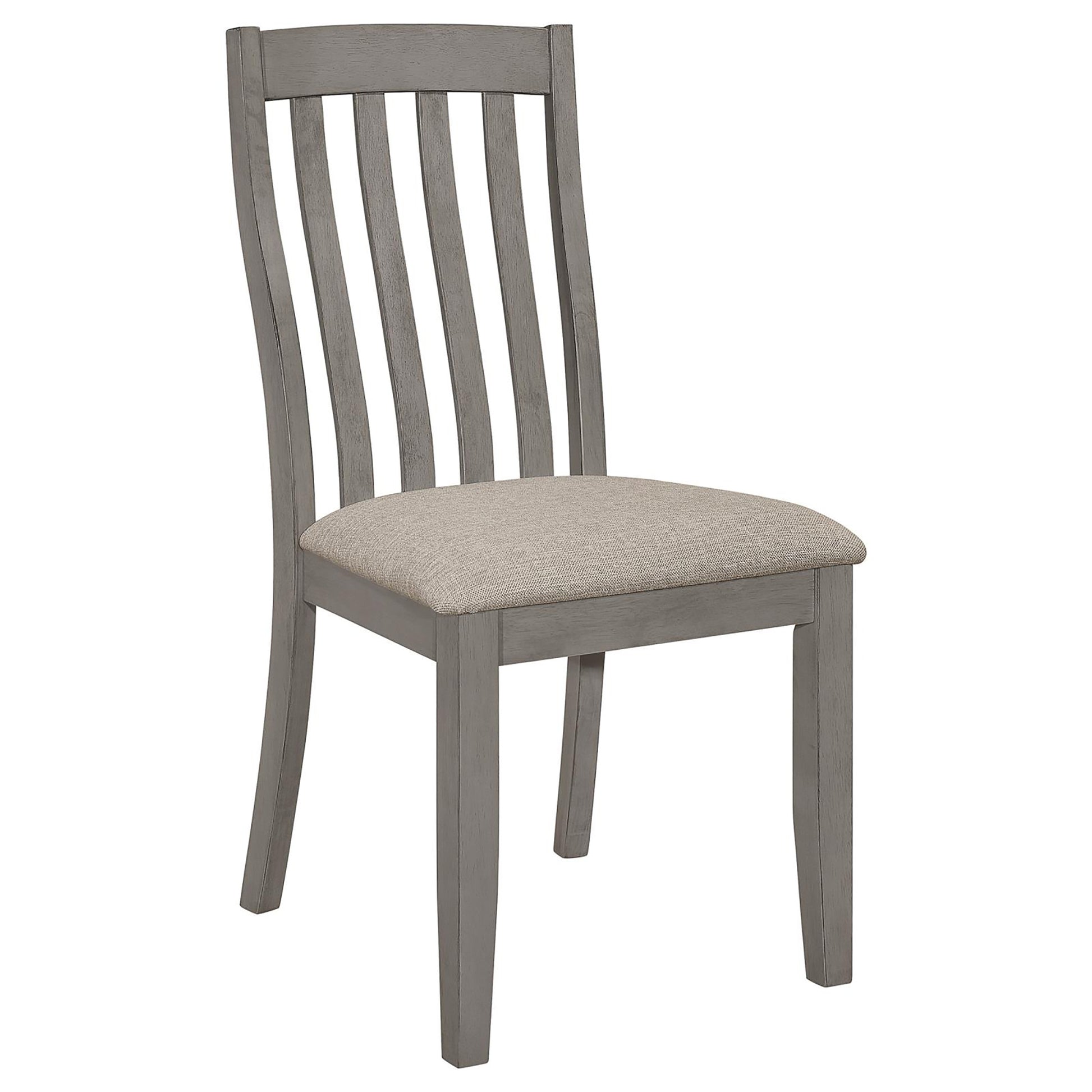 Gray wooden dining chair with a slatted back and upholstered seat