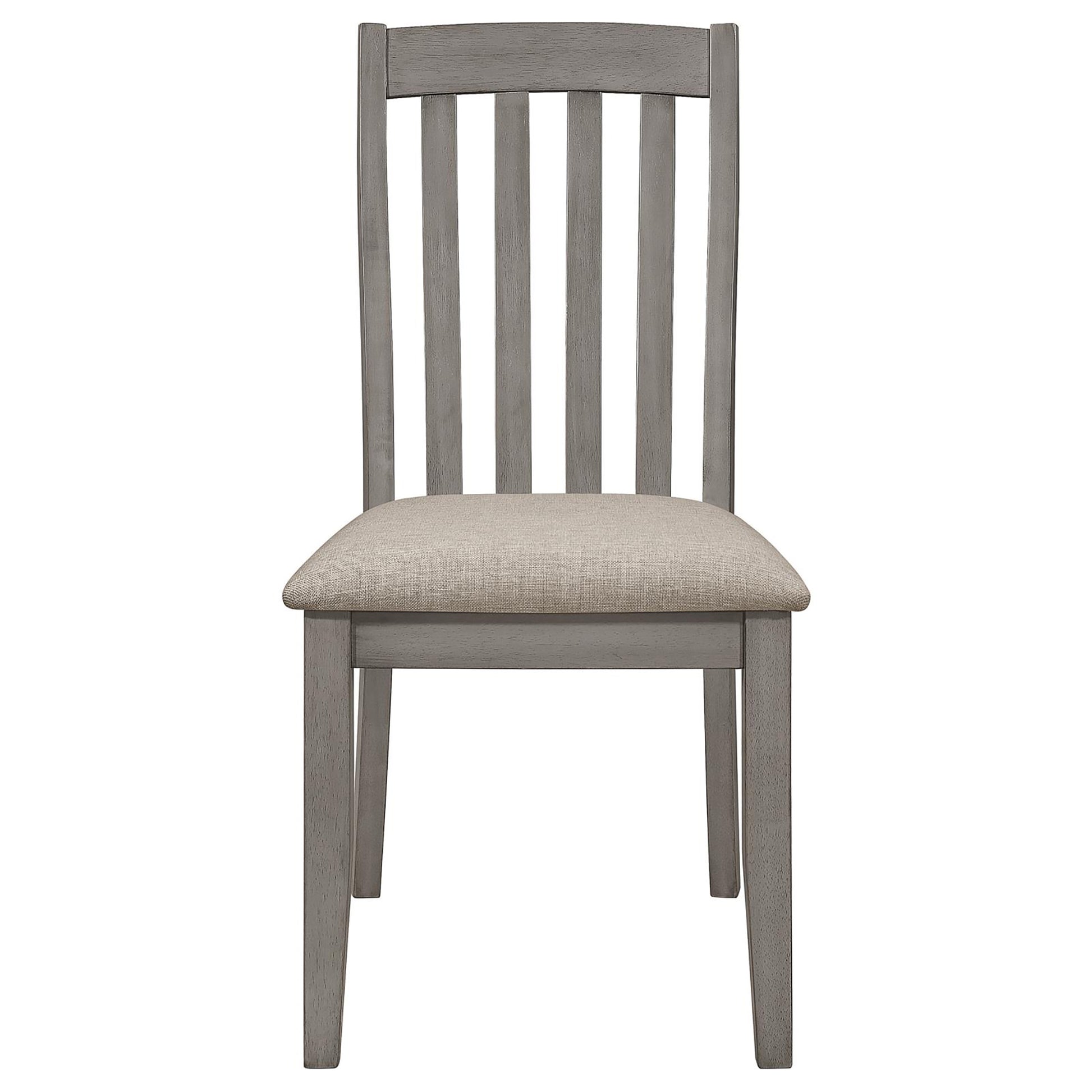 Gray wooden dining chair with a neutral linen upholstered seat