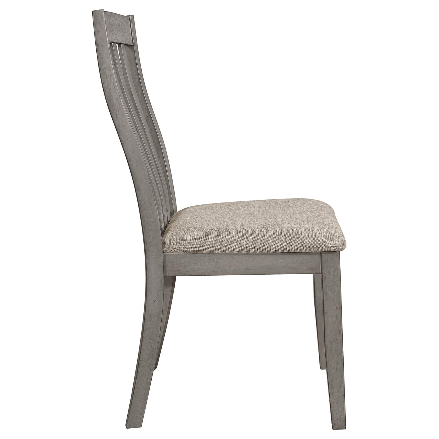 Side view of a grey wooden dining chair with a neutral upholstered seat