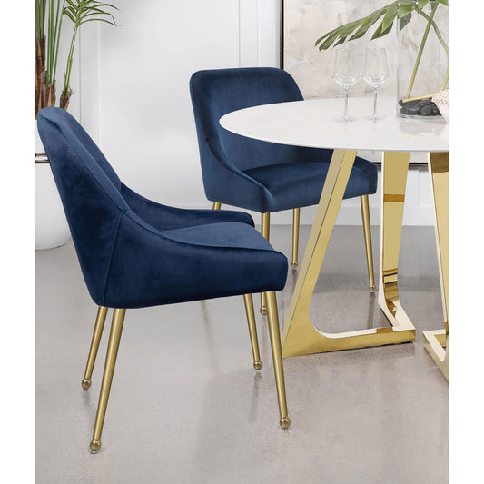 Navy blue velvet dining chair with gold legs