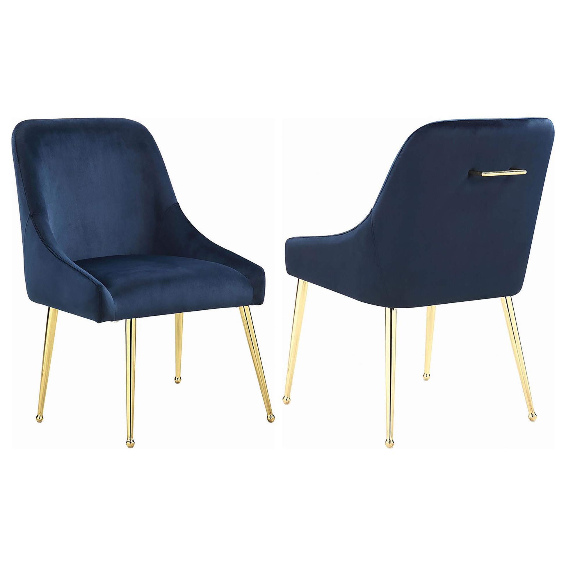 Navy blue velvet accent chair with gold legs and pull ring