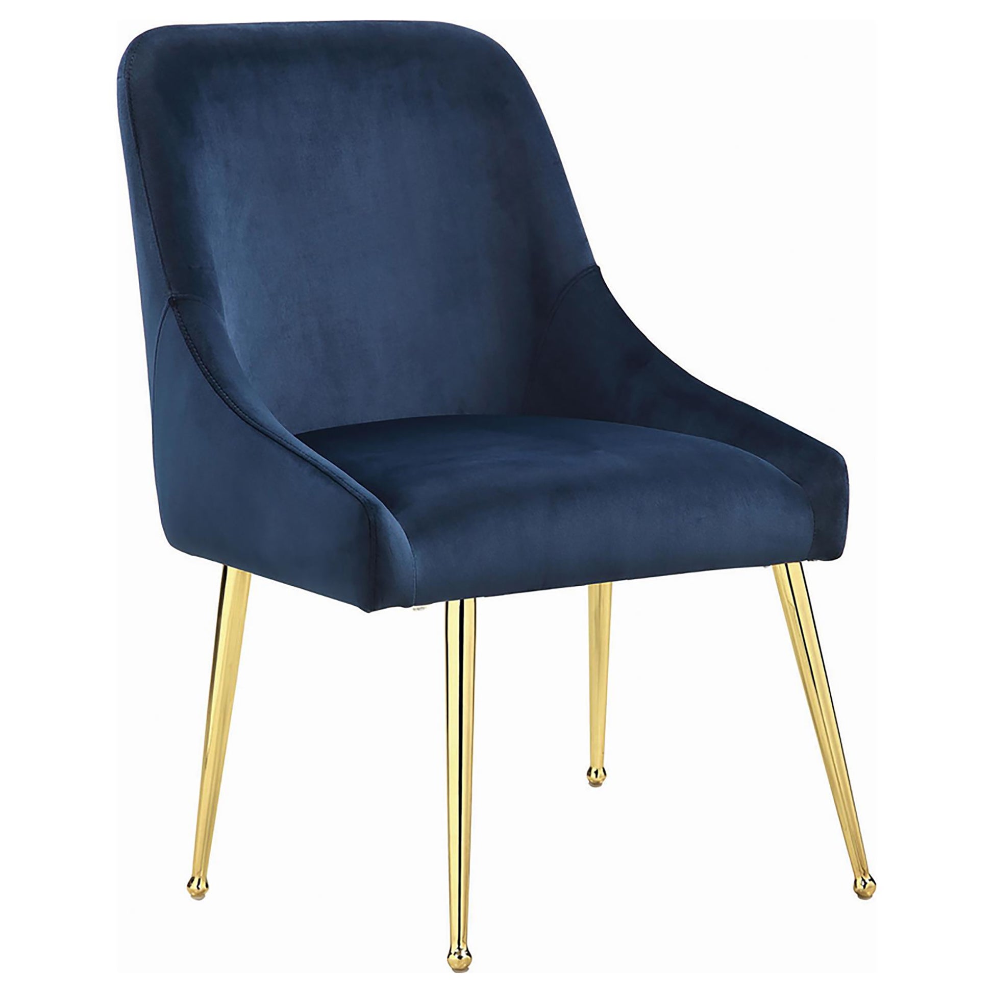 Deep blue velvet accent chair with elegant gold legs modern design