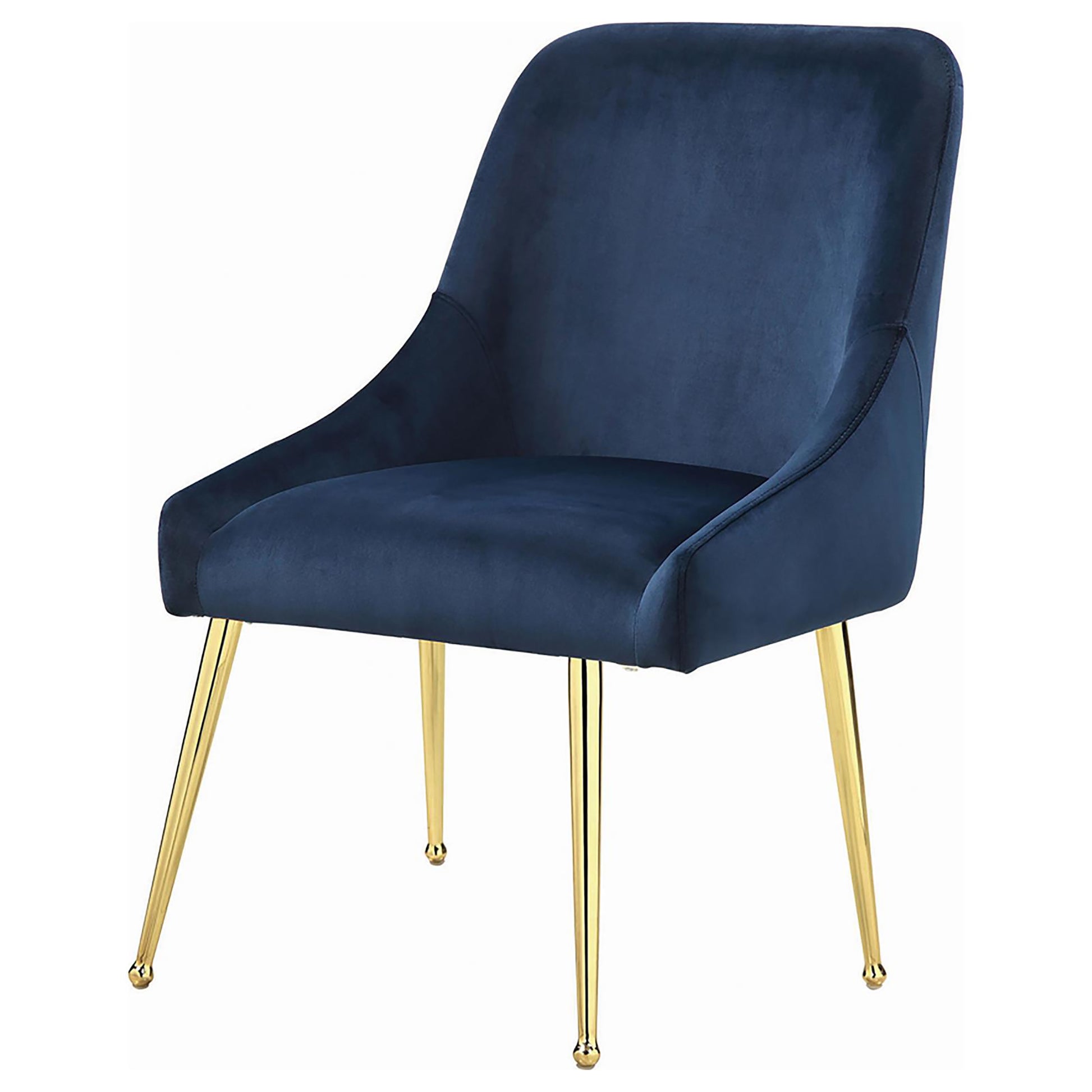 Deep blue velvet accent chair with sleek gold metal legs ideal for modern living rooms