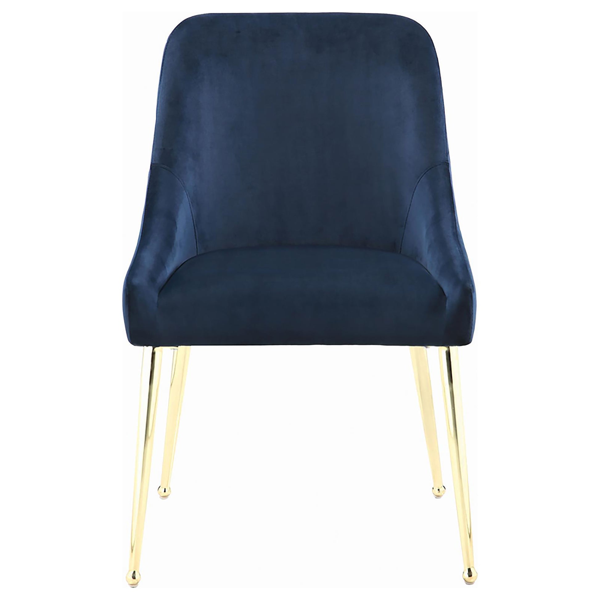Elegant navy velvet armchair with sleek gold legs perfect for modern dining