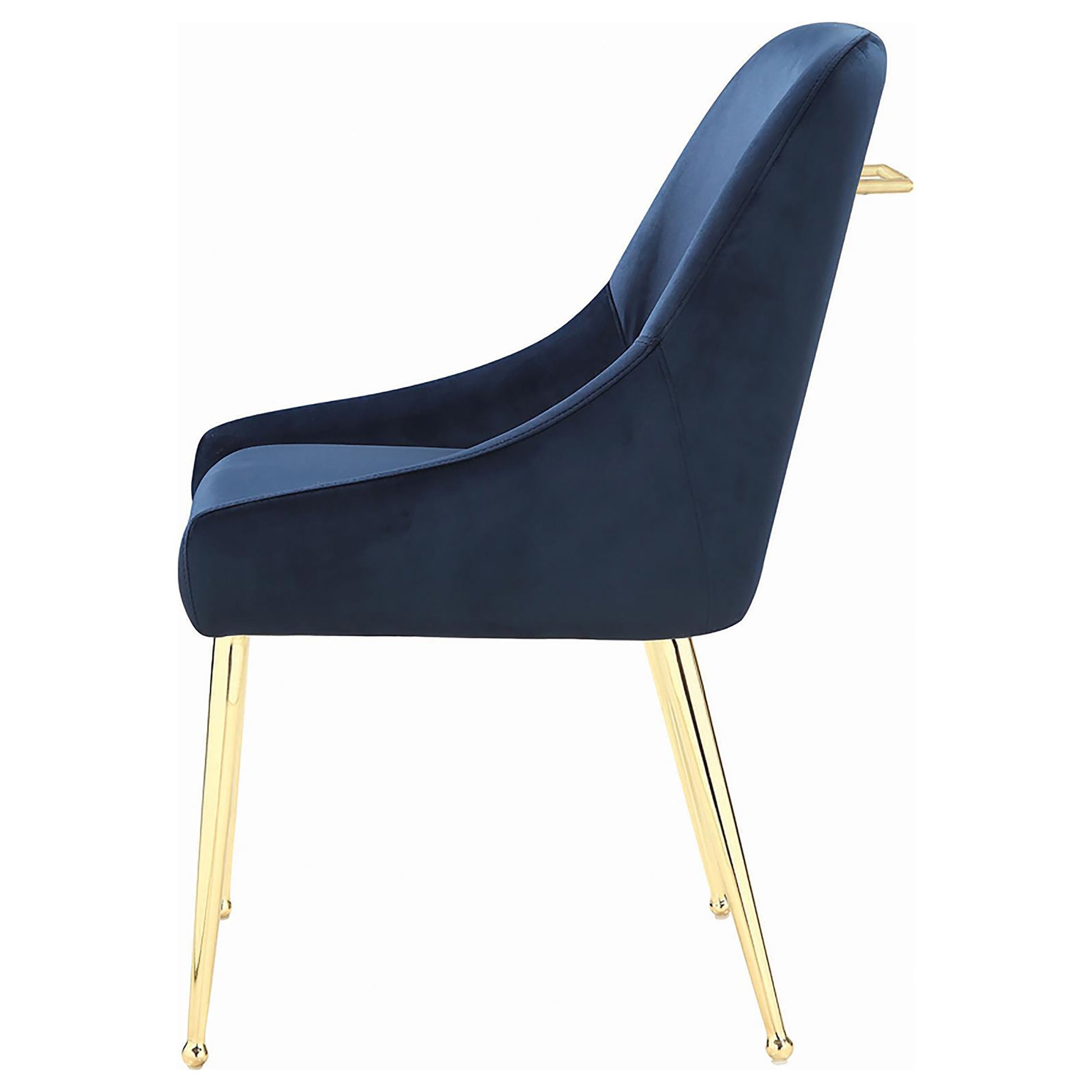 Navy blue velvet armchair with plush cushioning and polished gold legs ideal for modern dining
