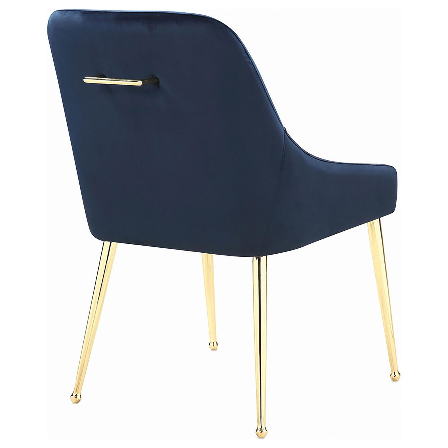 Navy velvet dining chair with gold legs and back pull handle