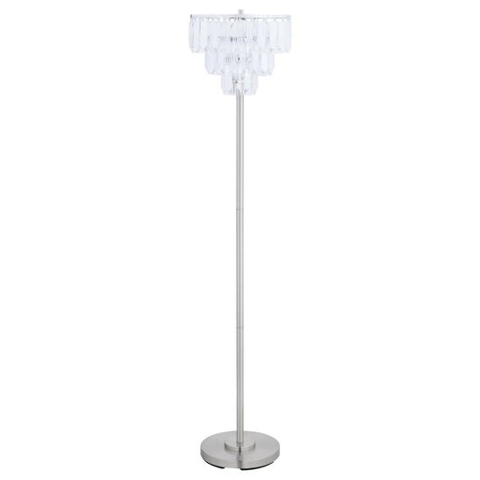 Modern brushed nickel floor lamp with crystal tiers for elegant living room lighting