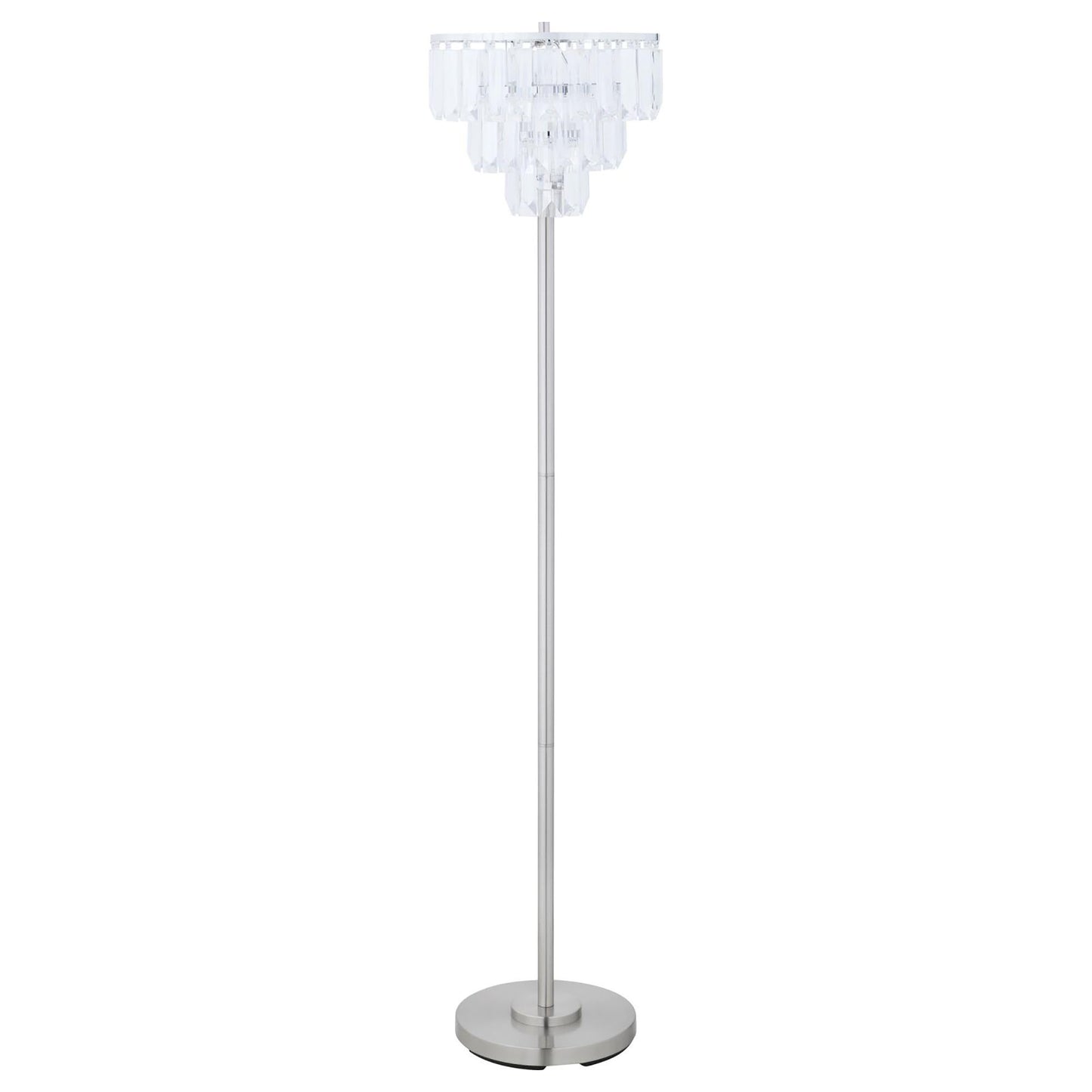Elegant tiered crystal floor lamp with a brushed nickel finish