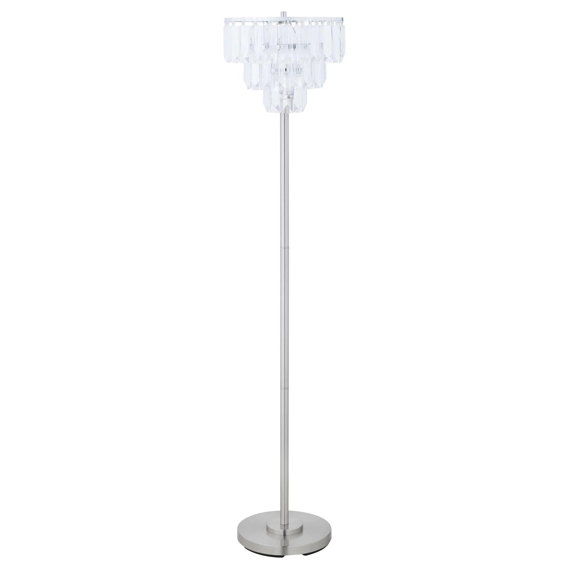 Elegant tiered crystal floor lamp with a brushed nickel finish