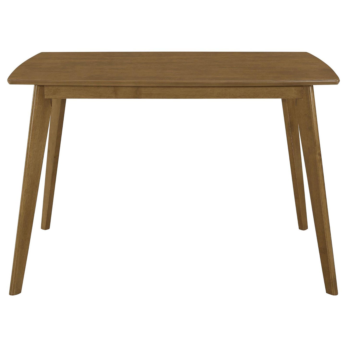 Midcentury modern dining table in warm walnut wood finish with tapered legs